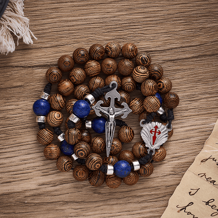 SolaceBeads Knotted Wood Rosary, Lapis Beads, St. James Emblems: Devoted Resolute Daily Devotion - image 6