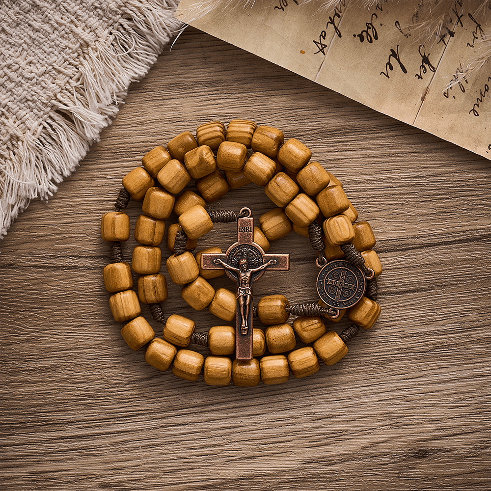 Solacebeads Natural Barrel Wood Rosary With Medal &amp; Crucifix: Rooted In St. Benedict Protection - image 4