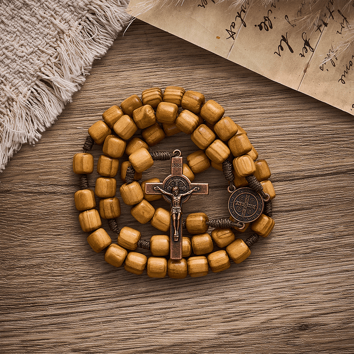 Solacebeads Natural Barrel Wood Rosary With Medal &amp; Crucifix: Rooted In St. Benedict Protection - image 4