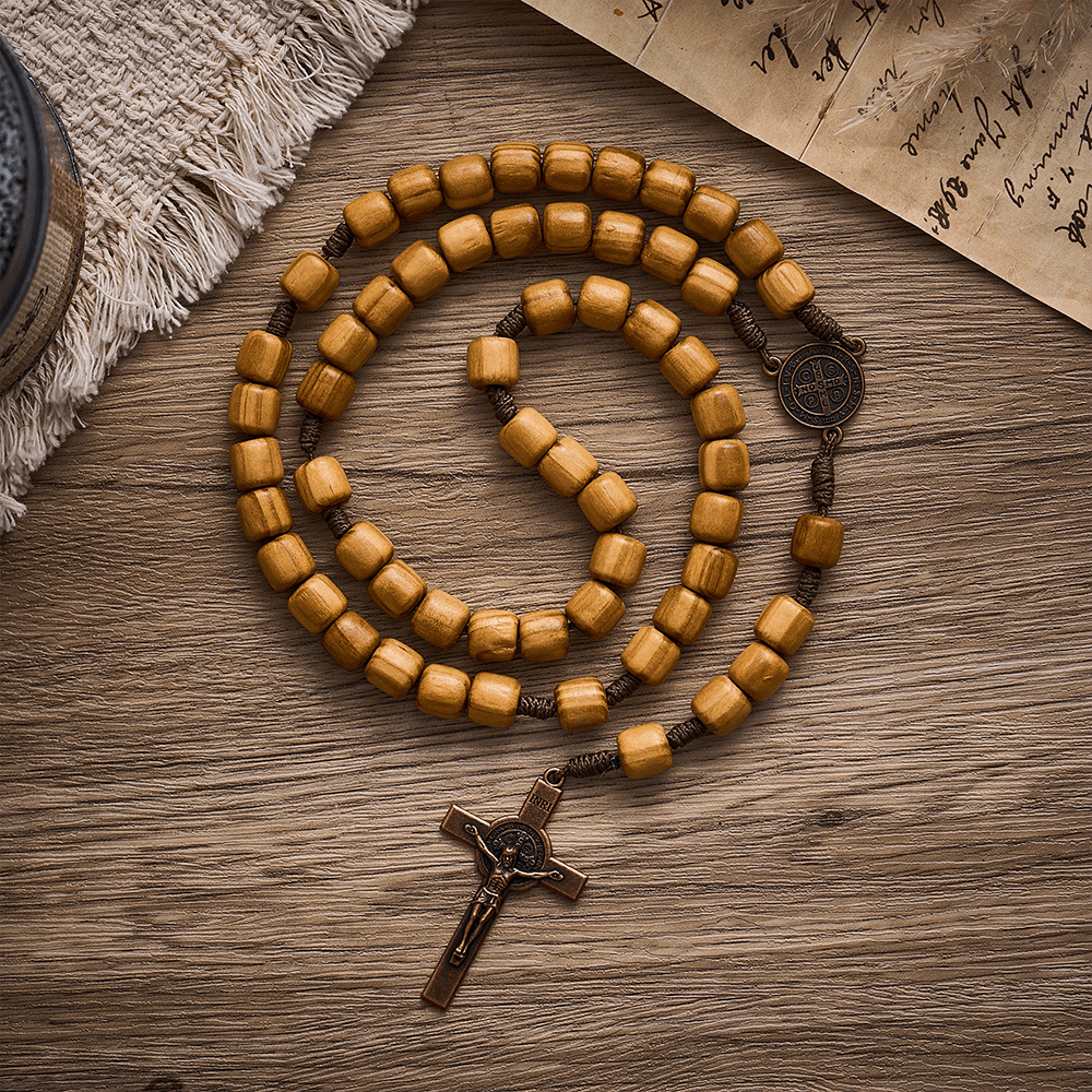 Solacebeads Natural Barrel Wood Rosary With Medal &amp; Crucifix: Rooted In St. Benedict Protection - Wood - image 0