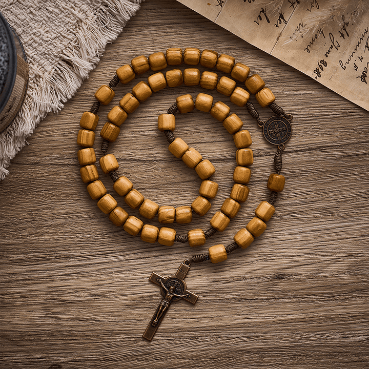Solacebeads Natural Barrel Wood Rosary With Medal &amp; Crucifix: Rooted In St. Benedict Protection - Wood - image 0