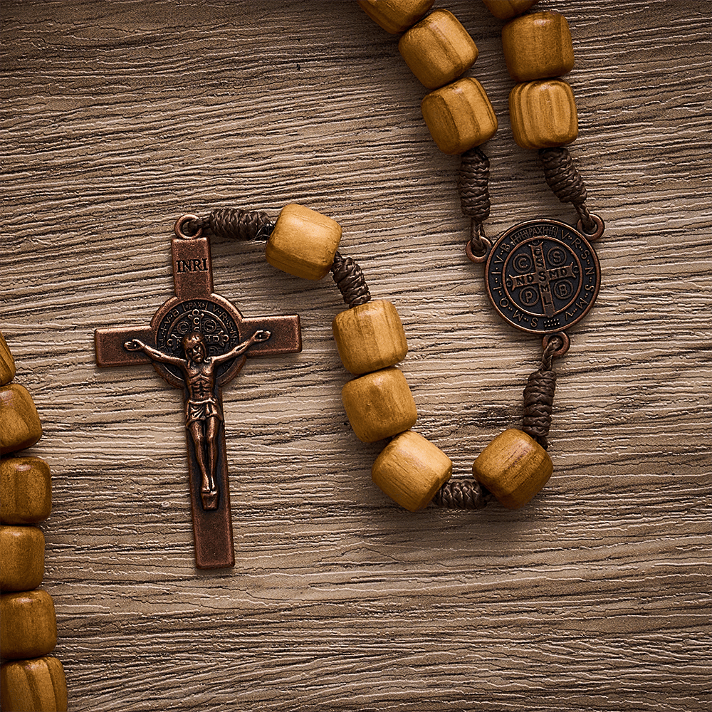Solacebeads Natural Barrel Wood Rosary With Medal &amp; Crucifix: Rooted In St. Benedict Protection - image 3