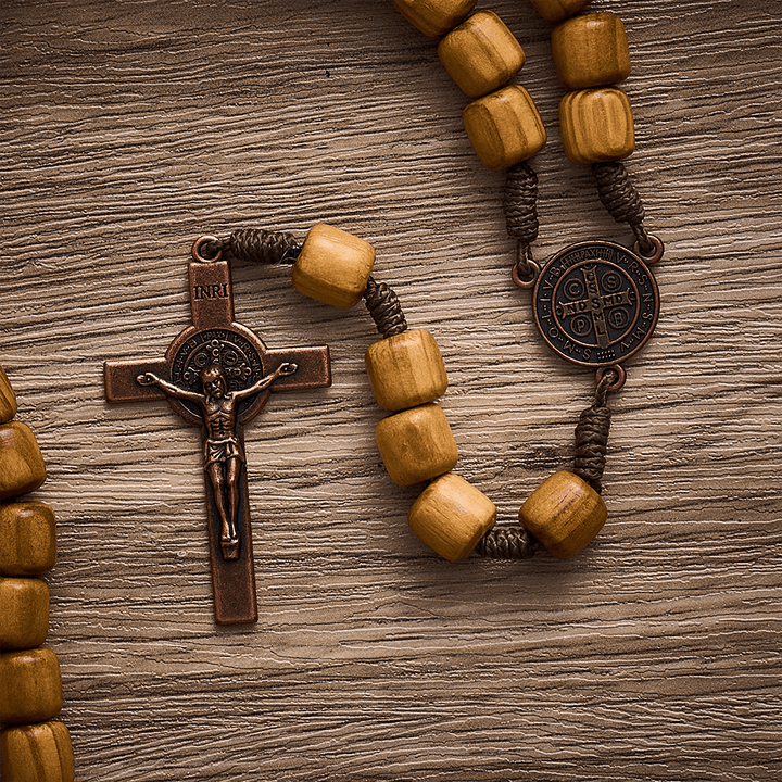 Solacebeads Natural Barrel Wood Rosary With Medal &amp; Crucifix: Rooted In St. Benedict Protection - image 3