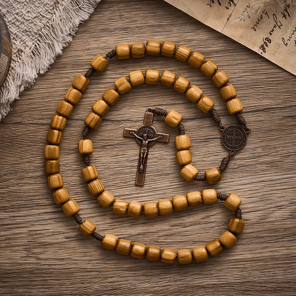 Solacebeads Natural Barrel Wood Rosary With Medal &amp; Crucifix: Rooted In St. Benedict Protection - image 5