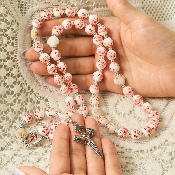 SolaceBeads Floral Ceramic Rosary, Shell Accents, St. James Set: Soft Tender Daily Devotion - image 1