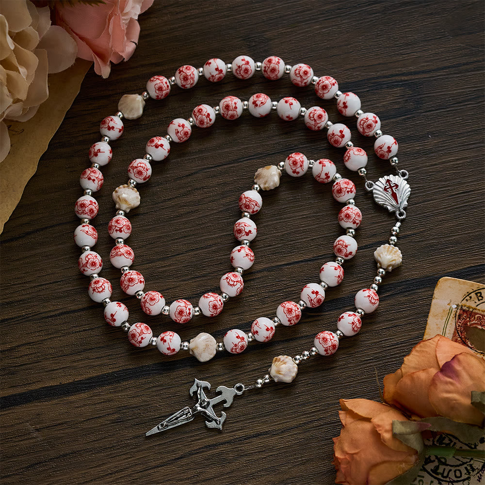 SolaceBeads Floral Ceramic Rosary, Shell Accents, St. James Set: Soft Tender Daily Devotion - Red &amp; Floral - image 0