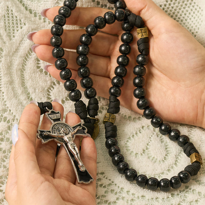 SolaceBeads Black Wood Paracord Rosary with Medal &amp; Crucifix: Rooted in St. Benedict Protection - image 1