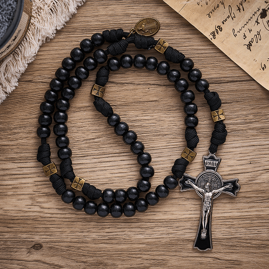SolaceBeads Black Wood Paracord Rosary with Medal &amp; Crucifix: Rooted in St. Benedict Protection - Black - image 0