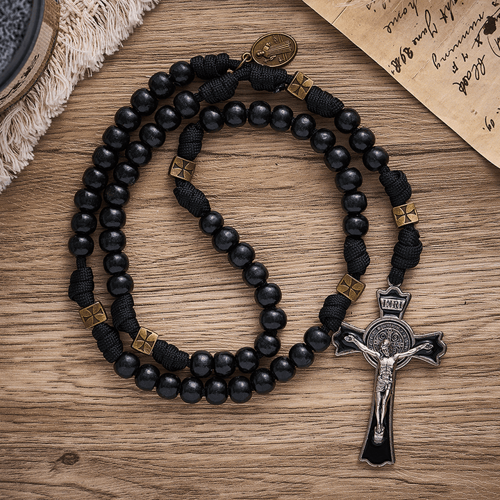 SolaceBeads Black Wood Paracord Rosary with Medal &amp; Crucifix: Rooted in St. Benedict Protection - Black - image 0