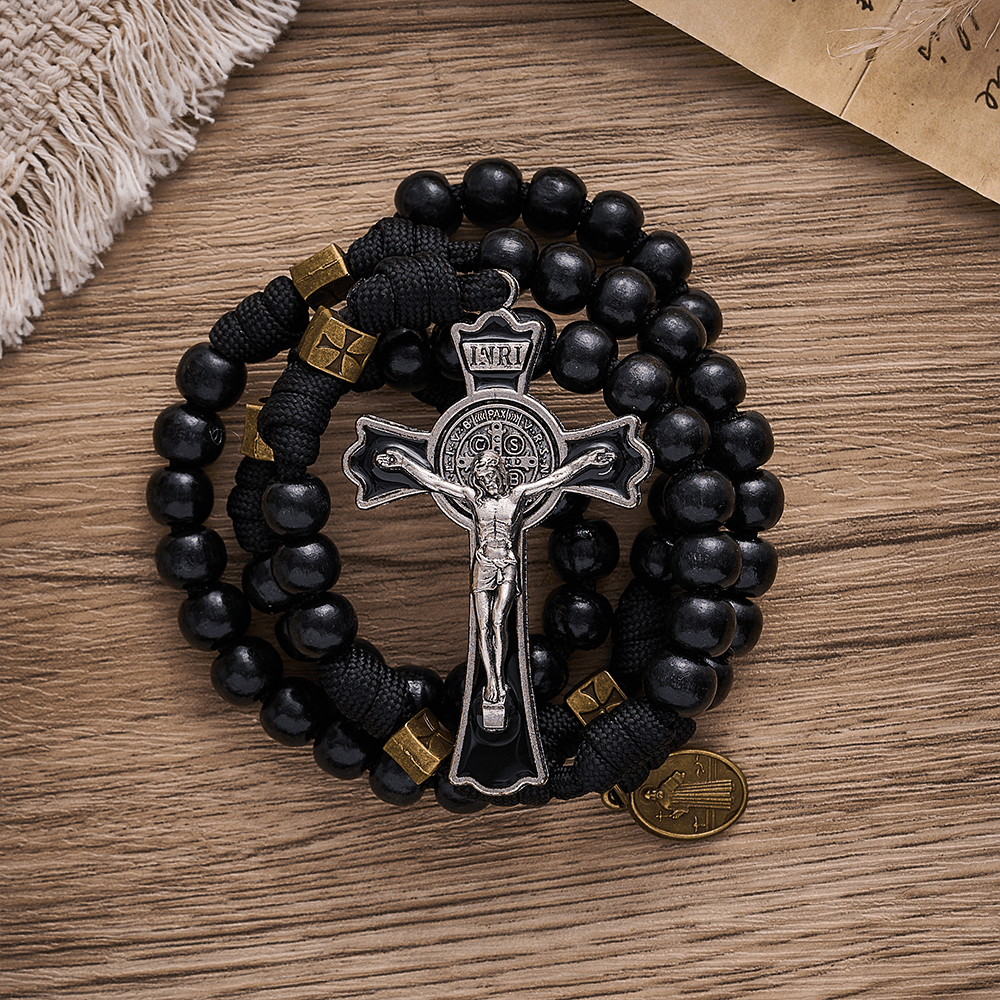 SolaceBeads Black Wood Paracord Rosary with Medal &amp; Crucifix: Rooted in St. Benedict Protection - image 5