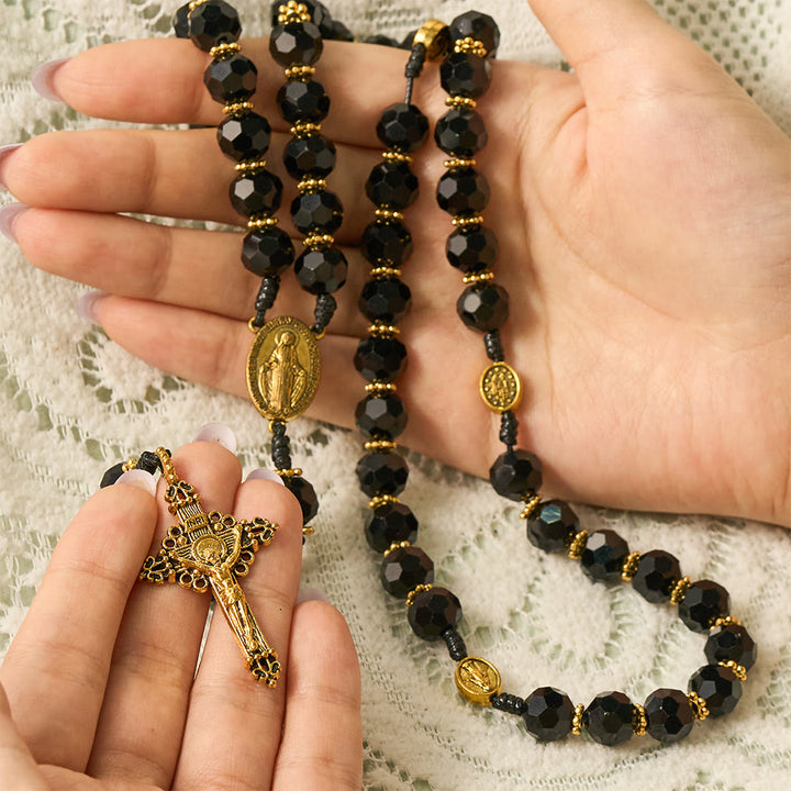 SolaceBeads Black Crystal Rosary, Medal Spacers, Madonna &amp; Cross: Soft Calm Daily Devotion - image 1