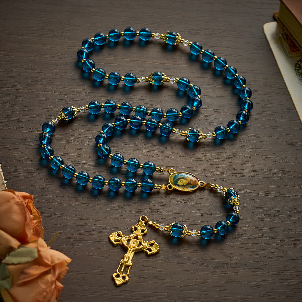 SolaceBeads Blue Glass Rosary, Madonna Medal, Ornate Cross: Bright Glowing Daily Devotion - image 8