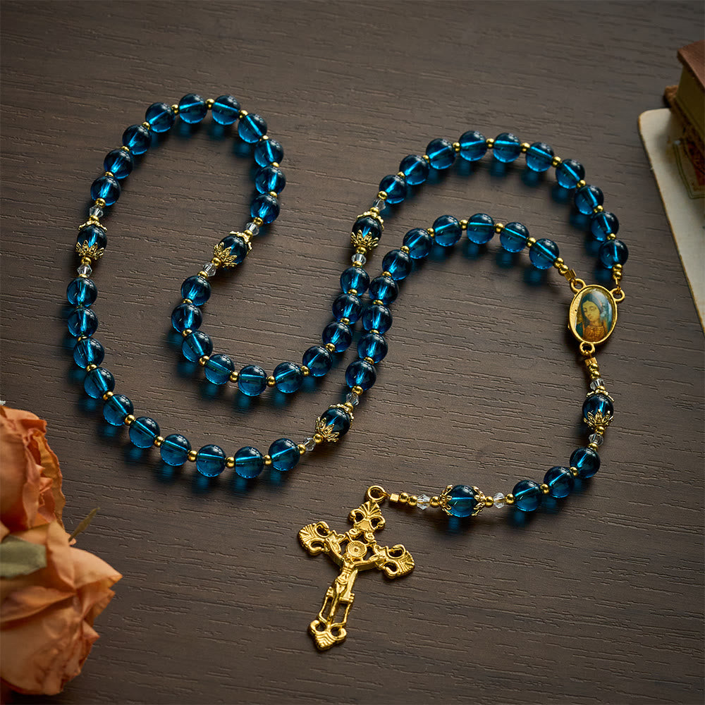 SolaceBeads Blue Glass Rosary, Madonna Medal, Ornate Cross: Bright Glowing Daily Devotion - image 3