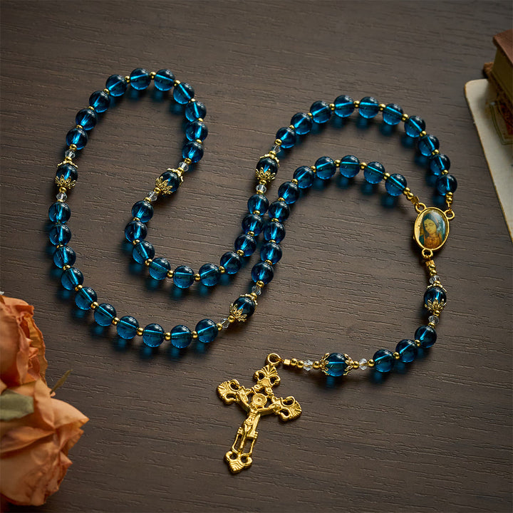 SolaceBeads Blue Glass Rosary, Madonna Medal, Ornate Cross: Bright Glowing Daily Devotion - image 3