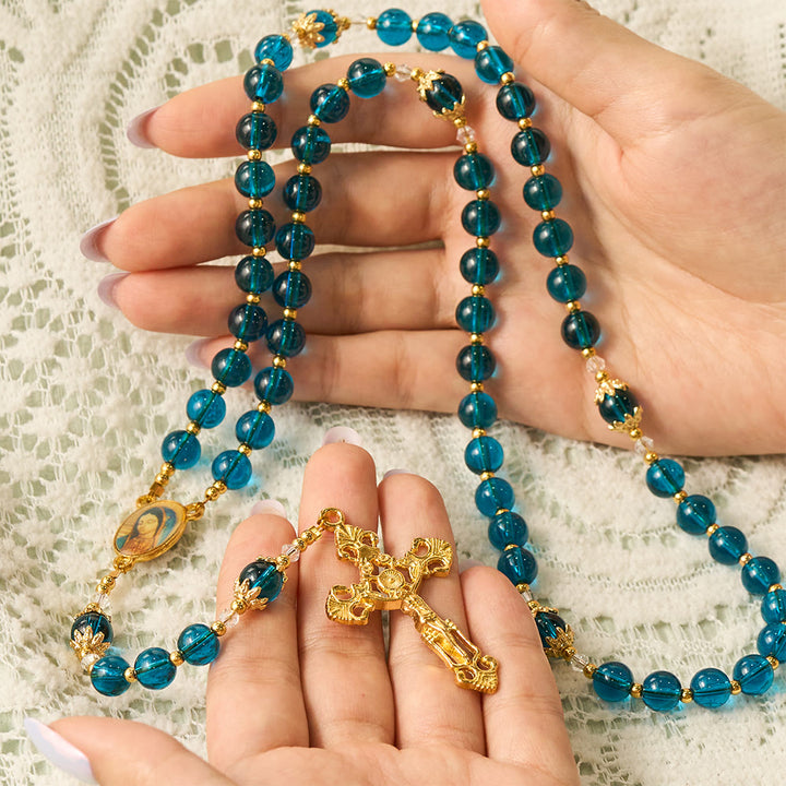 SolaceBeads Blue Glass Rosary, Madonna Medal, Ornate Cross: Bright Glowing Daily Devotion - image 1