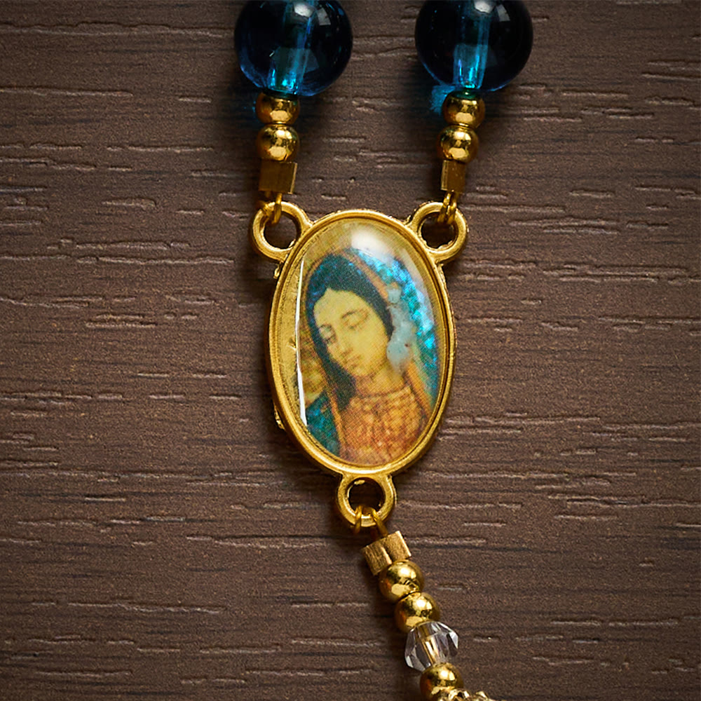 SolaceBeads Blue Glass Rosary, Madonna Medal, Ornate Cross: Bright Glowing Daily Devotion - image 5