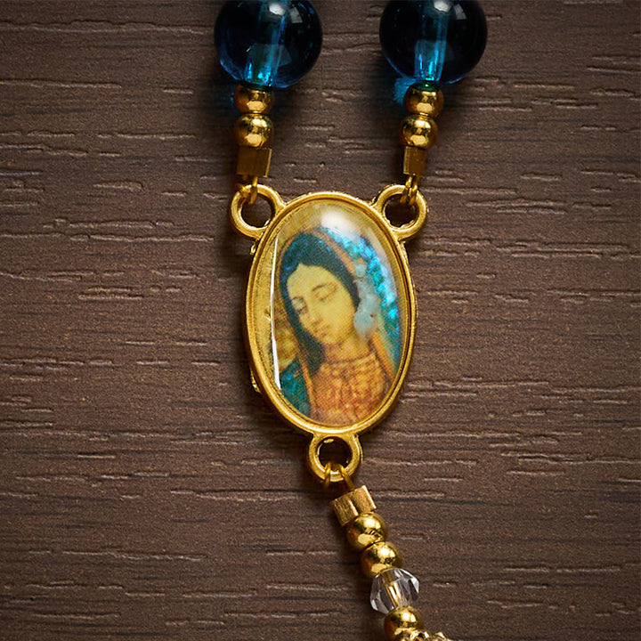 SolaceBeads Blue Glass Rosary, Madonna Medal, Ornate Cross: Bright Glowing Daily Devotion - image 5