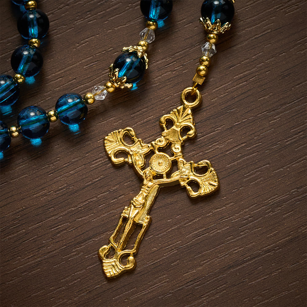 SolaceBeads Blue Glass Rosary, Madonna Medal, Ornate Cross: Bright Glowing Daily Devotion - image 6