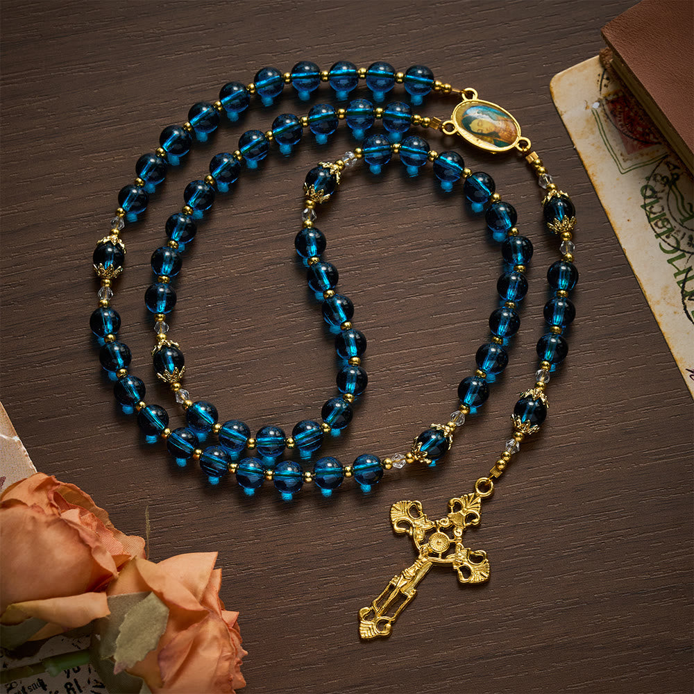 SolaceBeads Blue Glass Rosary, Madonna Medal, Ornate Cross: Bright Glowing Daily Devotion - Blue - image 0