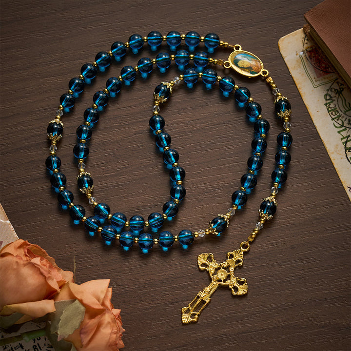 SolaceBeads Blue Glass Rosary, Madonna Medal, Ornate Cross: Bright Glowing Daily Devotion - Blue - image 0