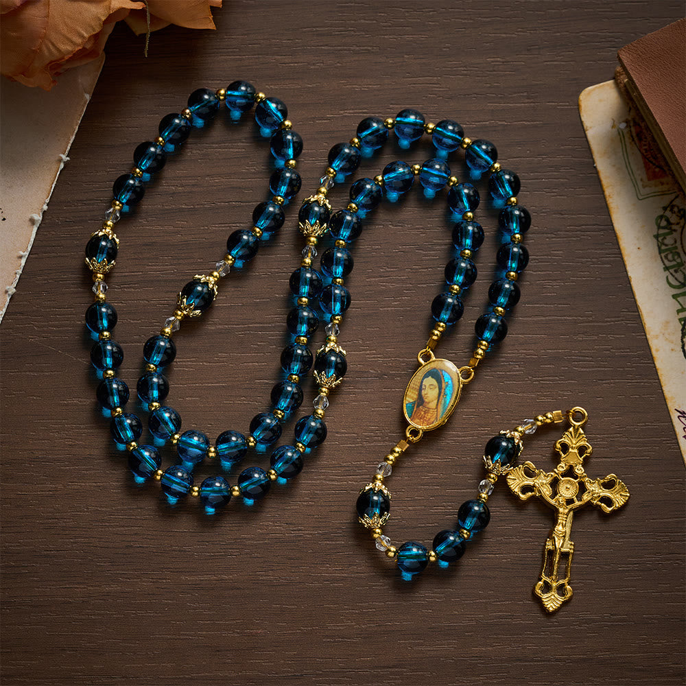 SolaceBeads Blue Glass Rosary, Madonna Medal, Ornate Cross: Bright Glowing Daily Devotion - image 2