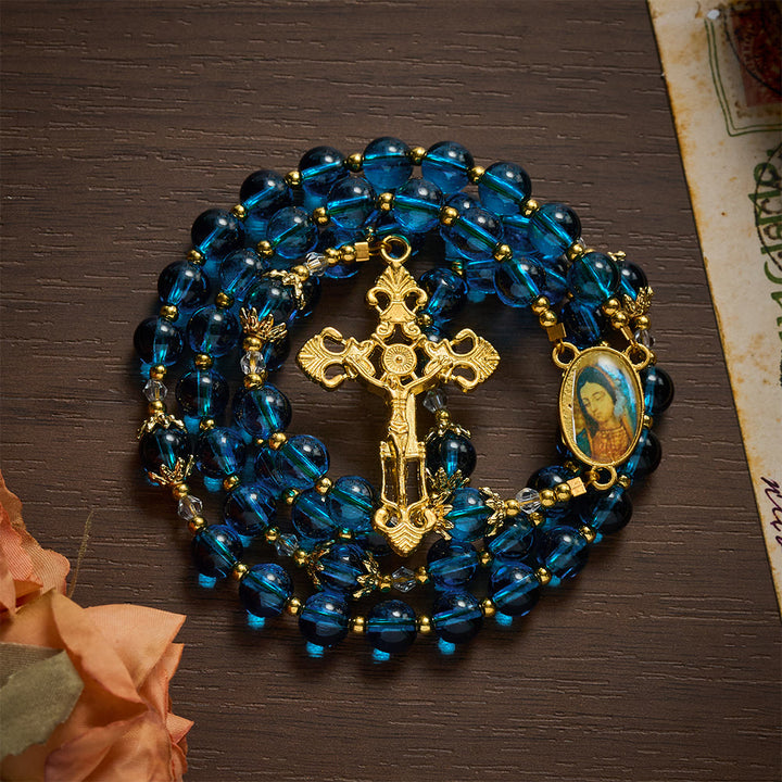 SolaceBeads Blue Glass Rosary, Madonna Medal, Ornate Cross: Bright Glowing Daily Devotion - image 7