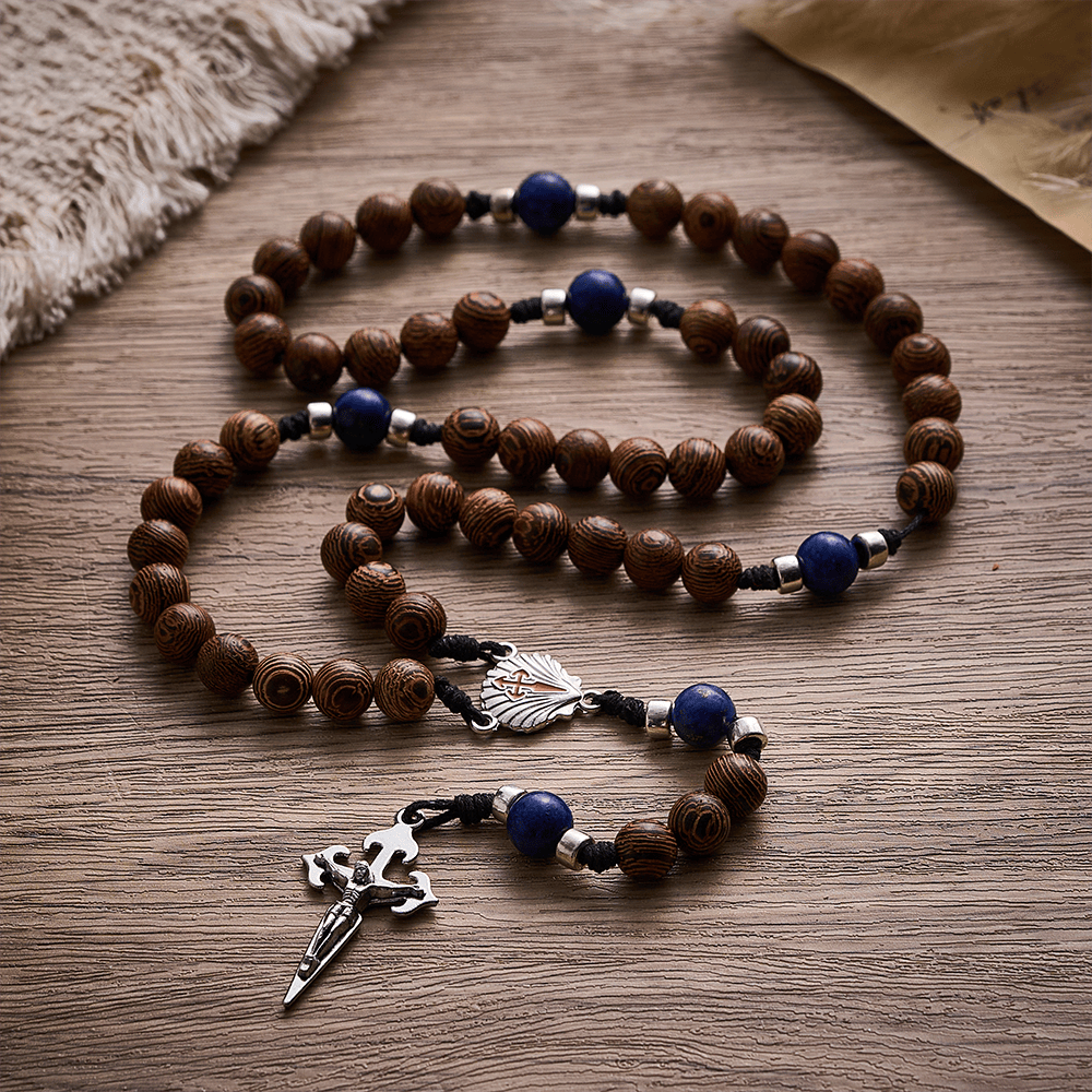 SolaceBeads Knotted Wood Rosary, Lapis Beads, St. James Emblems: Devoted Resolute Daily Devotion - image 8