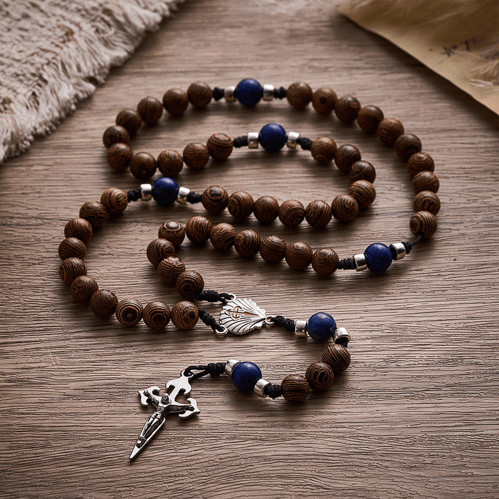 SolaceBeads Knotted Wood Rosary, Lapis Beads, St. James Emblems: Devoted Resolute Daily Devotion - image 8