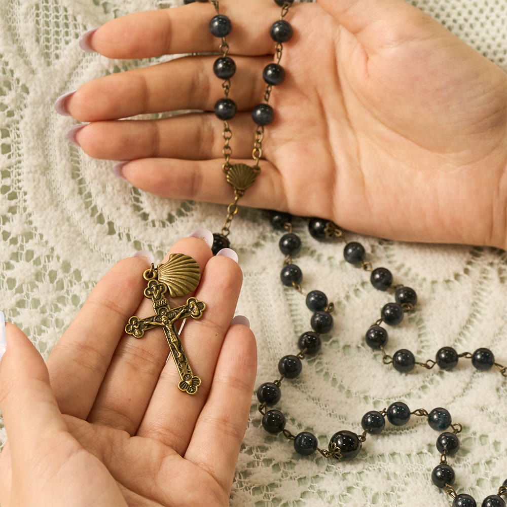 SolaceBeads Black Cat Eye Rosary, Gloss Glass Beads, Shell &amp; Cross: Firm Steadfast Daily Devotion - image 1