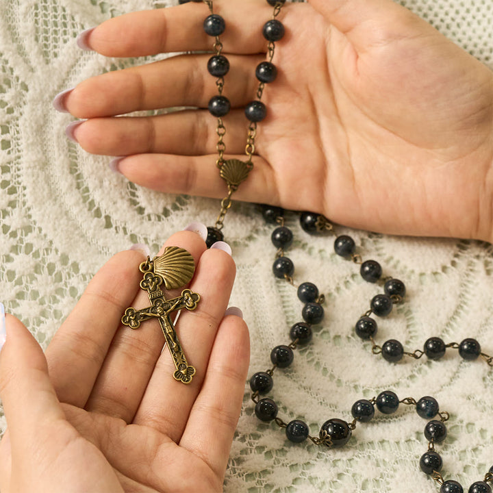 SolaceBeads Black Cat Eye Rosary, Gloss Glass Beads, Shell &amp; Cross: Firm Steadfast Daily Devotion - image 1