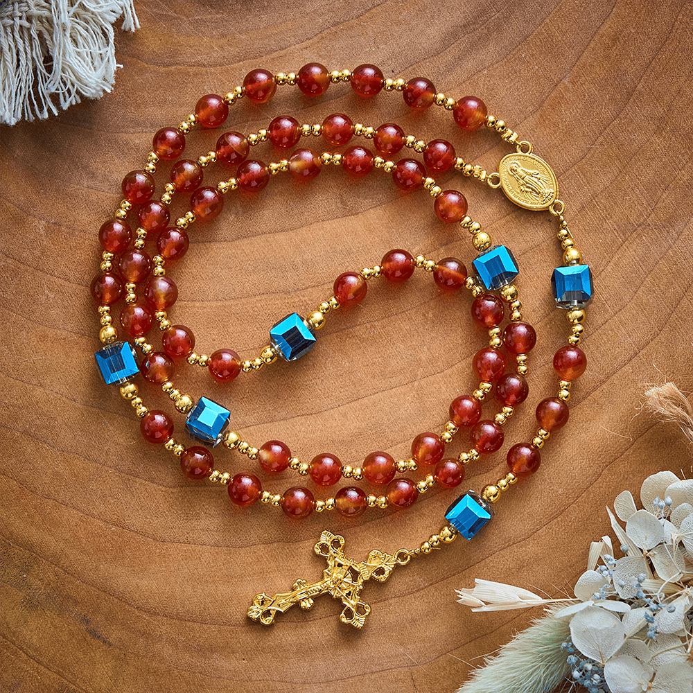 SolaceBeads Red Agate Rosary, Madonna Medal, Ornate Cross: Precious Gentle Daily Devotion - Red - image 0