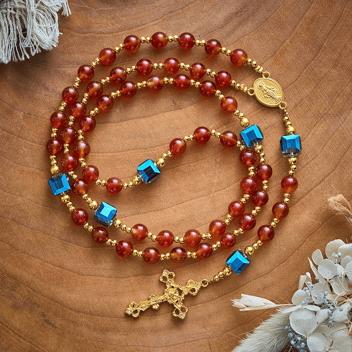 SolaceBeads Red Agate Rosary, Madonna Medal, Ornate Cross: Precious Gentle Daily Devotion - Red - image 0