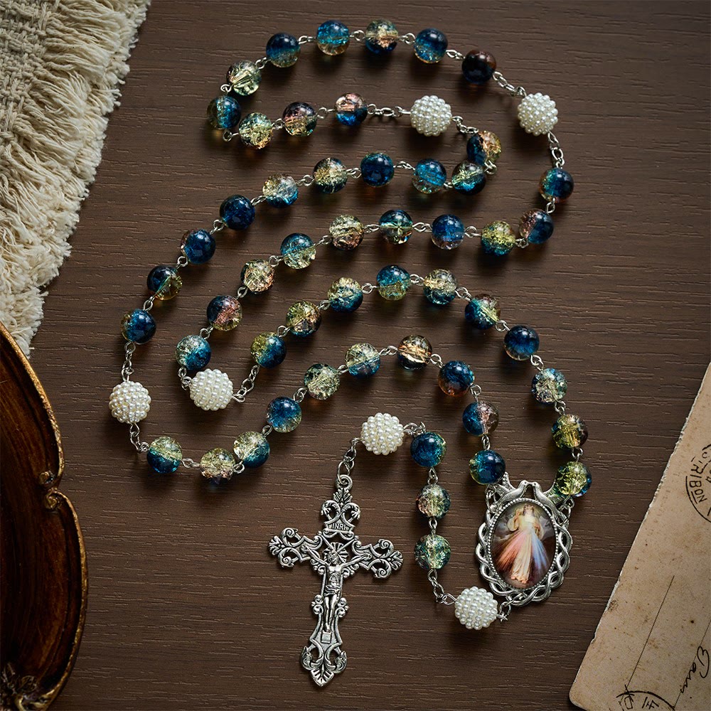 SolaceBeads Devotional Divine Mercy Mixed Blue Glass Rosary Chaplet: Rooted in Peaceful Prayer - image 0