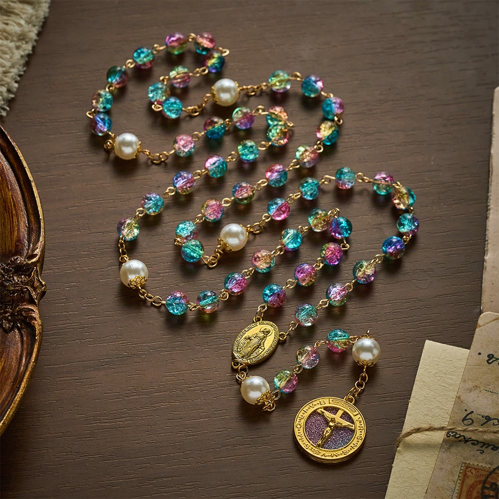 SolaceBeads Pastel Unicorn-Toned Glass Rosary with Gold Crucifix: Rooted in Gentle Marian Blessing - Pastel Unicorn-Toned - image 0