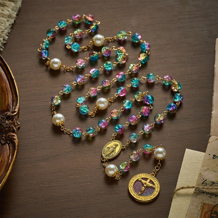 SolaceBeads Pastel Unicorn-Toned Glass Rosary with Gold Crucifix: Rooted in Gentle Marian Blessing - Pastel Unicorn-Toned - image 0
