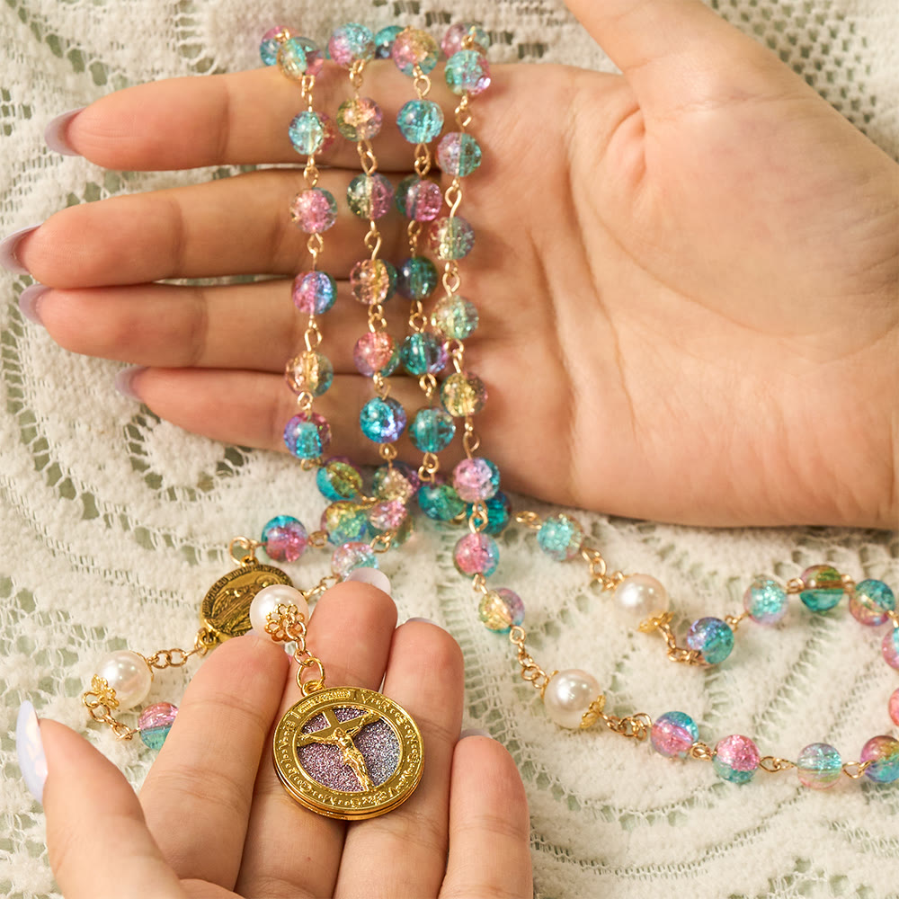 SolaceBeads Pastel Unicorn-Toned Glass Rosary with Gold Crucifix: Rooted in Gentle Marian Blessing - image 1