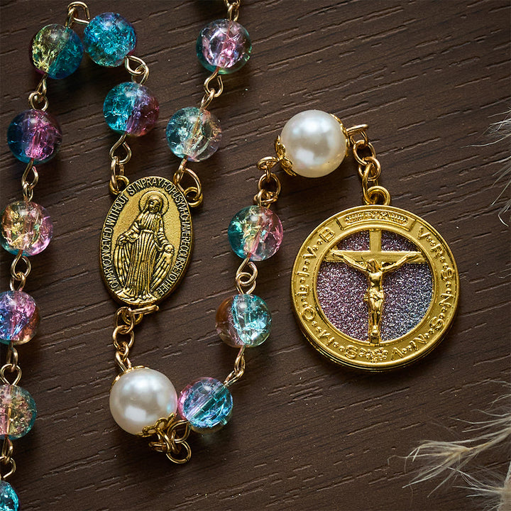 SolaceBeads Pastel Unicorn-Toned Glass Rosary with Gold Crucifix: Rooted in Gentle Marian Blessing - image 3