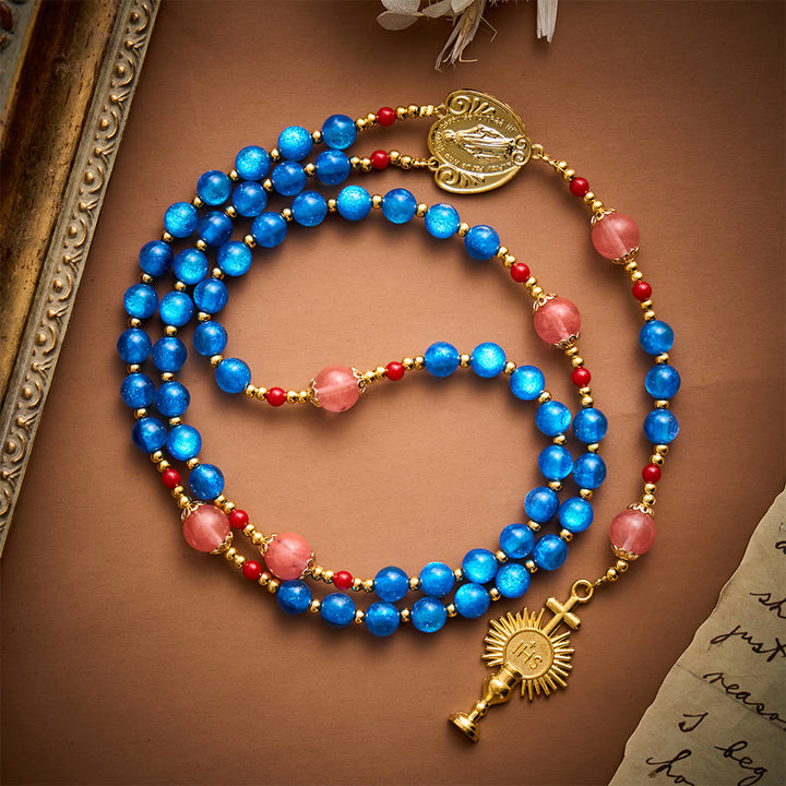 SolaceBeads Star Artistic Rosary, Red Stone Accents, Madonna &amp; Chalice: Bright Radiant Daily Devotion - Blue - image 0