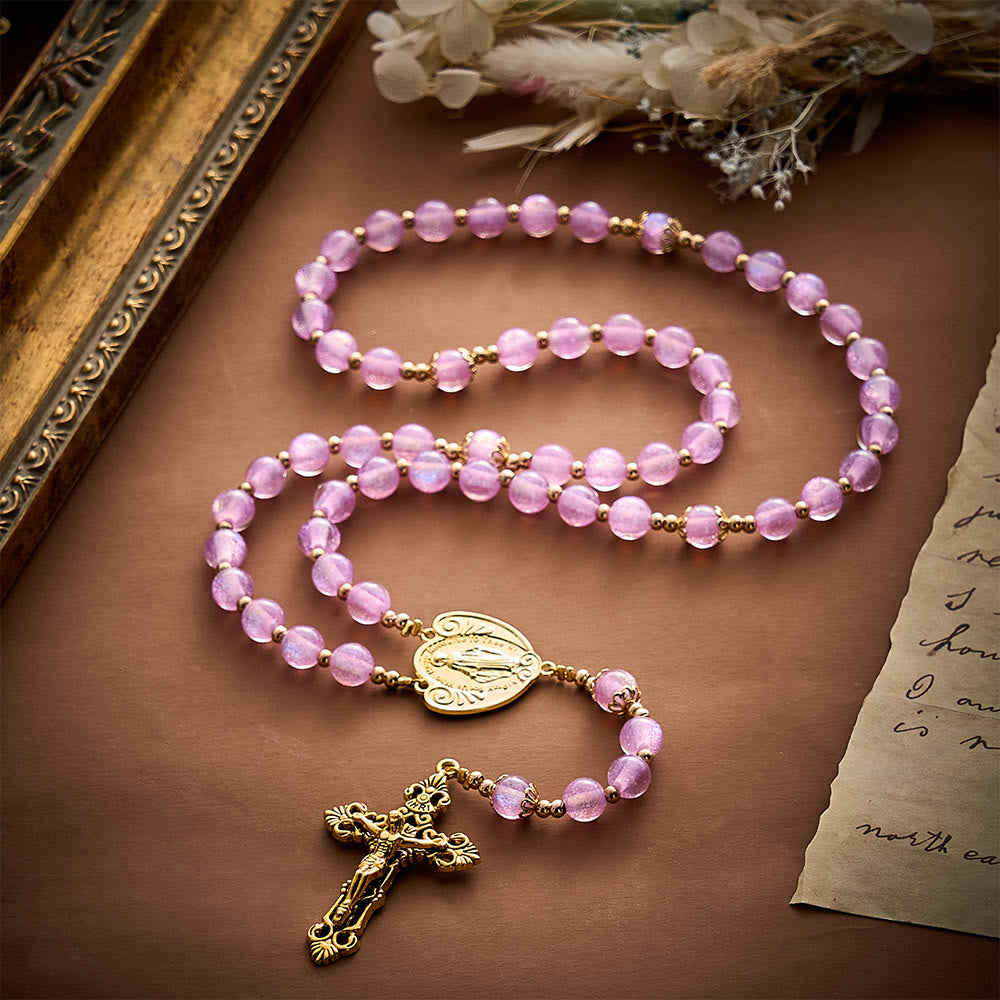 SolaceBeads Pink&amp;Purple Glitter Art Rosary, Heart Madonna, Ornate Cross: Soft Shimmer Daily Devotion - image 8