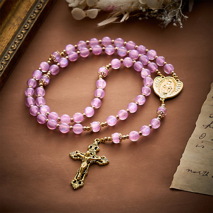 SolaceBeads Pink&amp;Purple Glitter Art Rosary, Heart Madonna, Ornate Cross: Soft Shimmer Daily Devotion - image 2