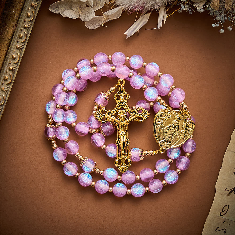 SolaceBeads Pink&amp;Purple Glitter Art Rosary, Heart Madonna, Ornate Cross: Soft Shimmer Daily Devotion - image 7