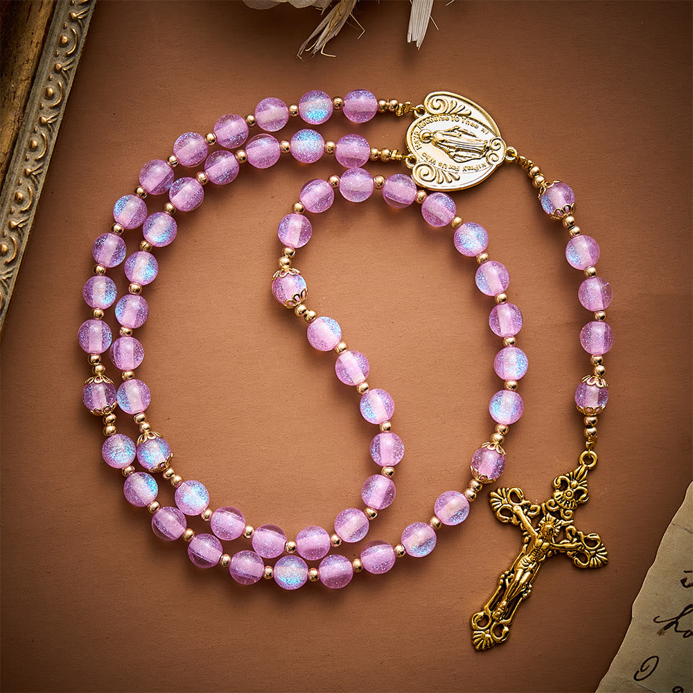 SolaceBeads Pink&amp;Purple Glitter Art Rosary, Heart Madonna, Ornate Cross: Soft Shimmer Daily Devotion - Pink &amp; Purple - image 0
