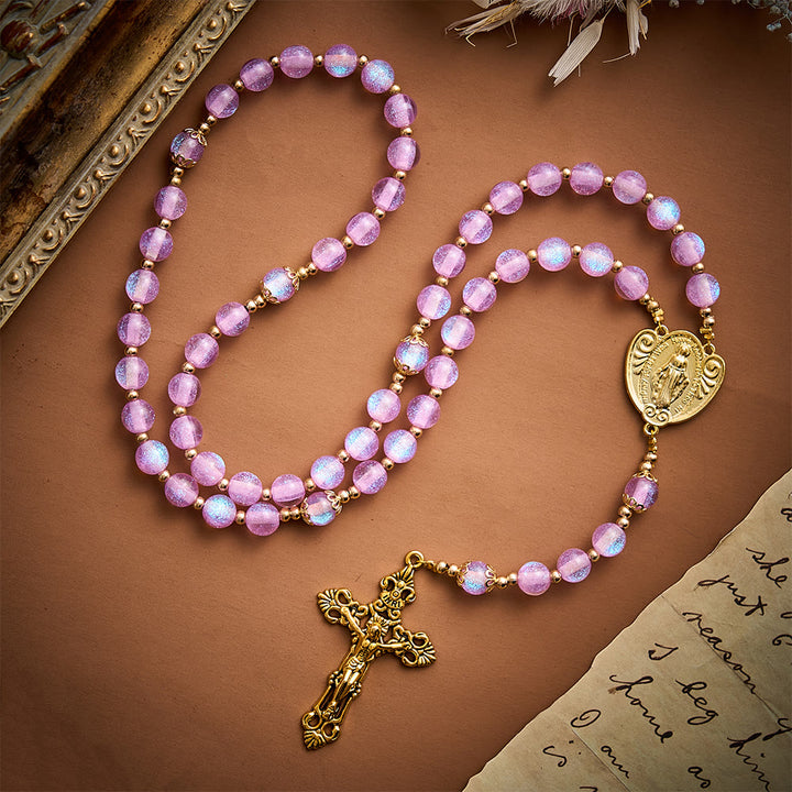 SolaceBeads Pink&amp;Purple Glitter Art Rosary, Heart Madonna, Ornate Cross: Soft Shimmer Daily Devotion - image 3