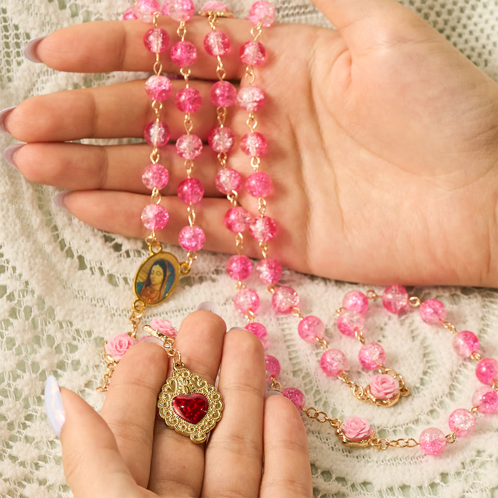 Solacebeads Sparkle Pink Glass Rosary With Sacred Heart Accent: Rooted In Gentle Guadalupe Love - image 1