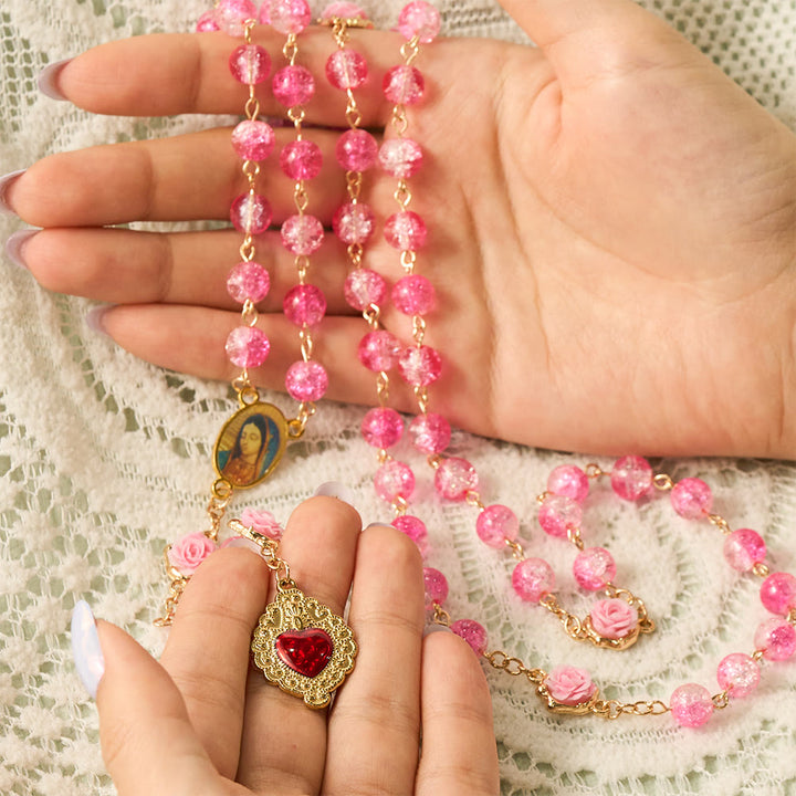 Solacebeads Sparkle Pink Glass Rosary With Sacred Heart Accent: Rooted In Gentle Guadalupe Love - image 1