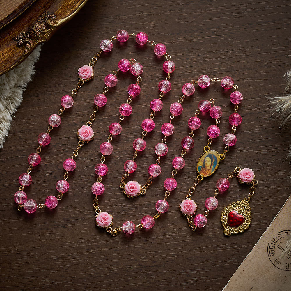 Solacebeads Sparkle Pink Glass Rosary With Sacred Heart Accent: Rooted In Gentle Guadalupe Love - Pink - image 0