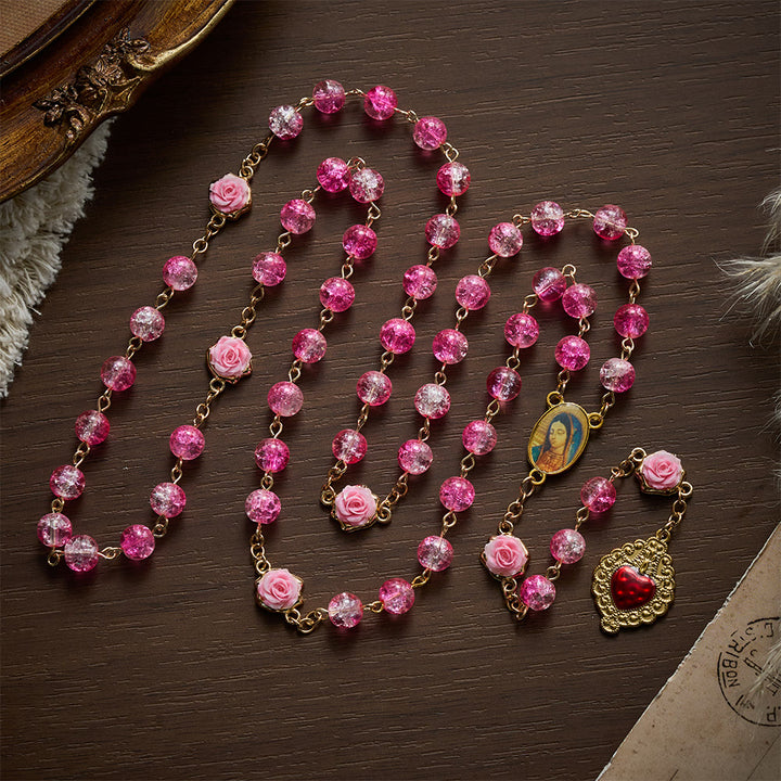 Solacebeads Sparkle Pink Glass Rosary With Sacred Heart Accent: Rooted In Gentle Guadalupe Love - Pink - image 0