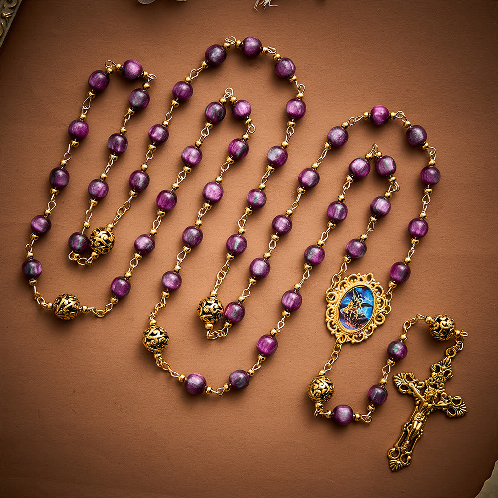 SolaceBeads Purple Shimmer Art Rosary, Metal Spacers, St. Michael Medal: Brave Bold Daily Devotion - image 3