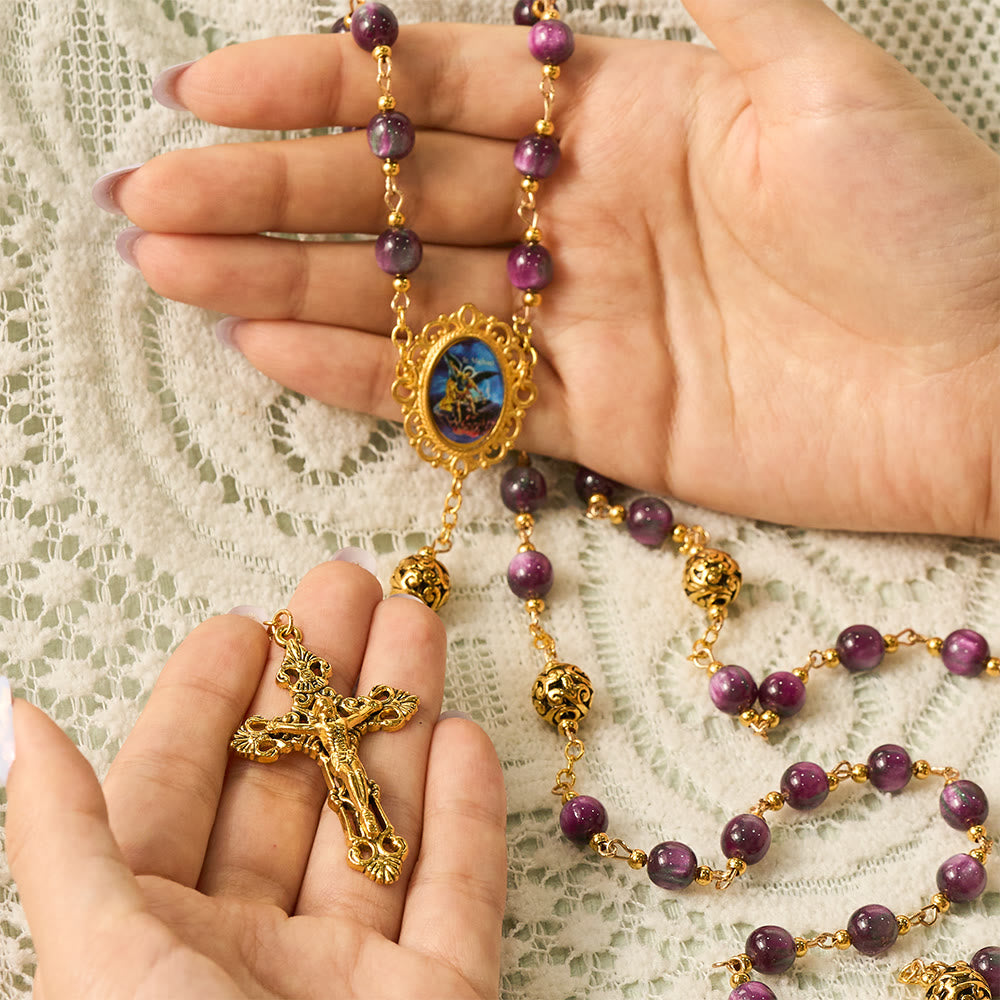 SolaceBeads Purple Shimmer Art Rosary, Metal Spacers, St. Michael Medal: Brave Bold Daily Devotion - image 1