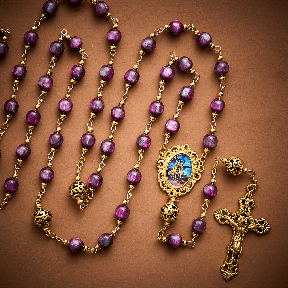 SolaceBeads Purple Shimmer Art Rosary, Metal Spacers, St. Michael Medal: Brave Bold Daily Devotion - image 4